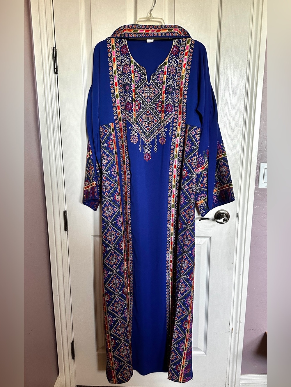 Size S Blue Tatreez Thobe Embroidered Long Sleeve Maxi Dress - Blue Pink Yellow